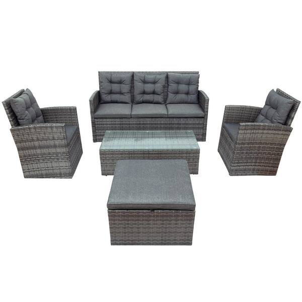 Clihome 5-Piece All Weather PE Wicker Outdoor Sectional Sofa Set with Storage Bench and Gray Cushions