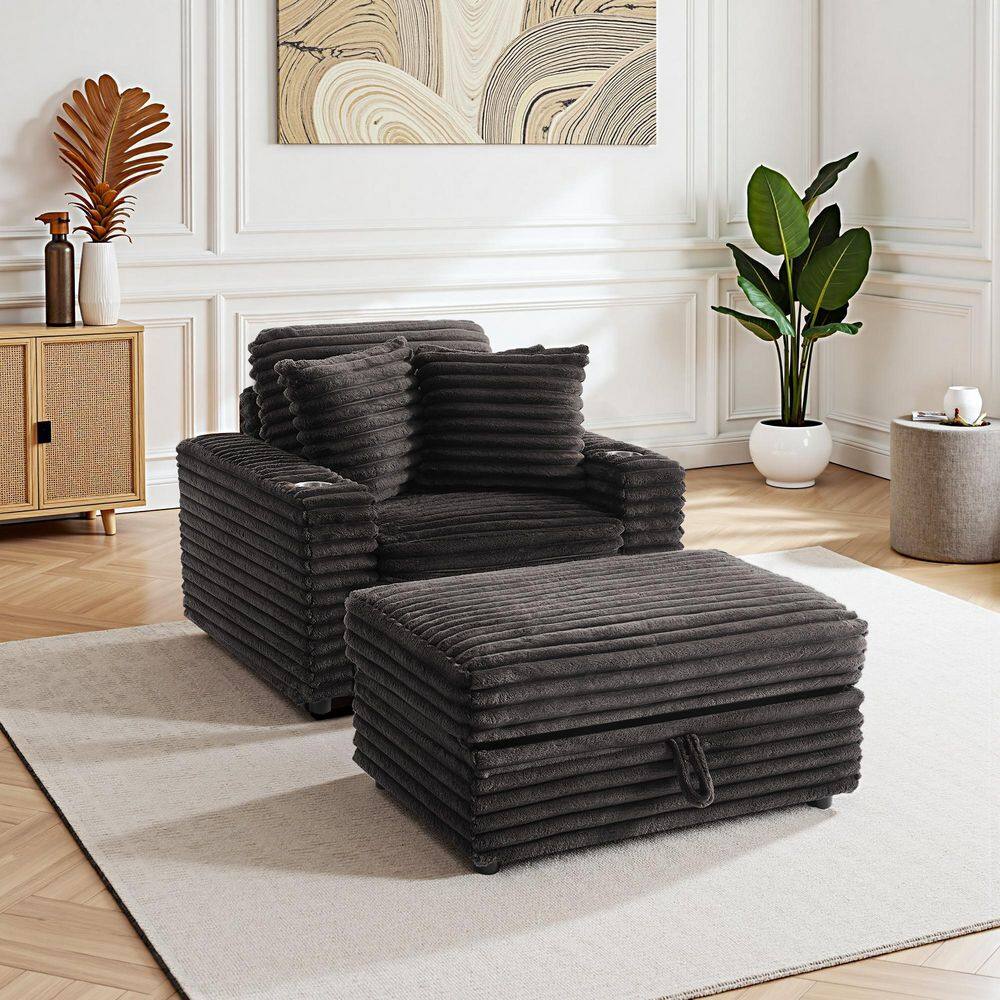 Chocolate Faux Rabbit Fur Polyester Fabric Upholstered Accent Arm Chair with Storage Ottoman and Plastic Legs (Set of 1)