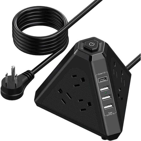 9-Outlet 3-Side Triangle Power Strip Tower Surge Protector with 4 USB Ports and Switch, 700J, 6.5 ft. Flat Plug in Black
