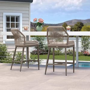 Modern Aluminum Twill Wicker Woven Bar Height Outdoor Bar Stool with Back and Sunbrella Khaki Cushion (2-Pack)