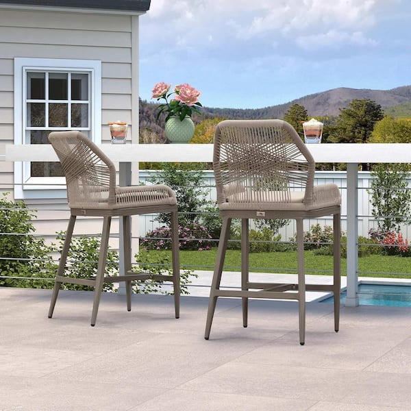 PURPLE LEAF Modern Aluminum Twill Wicker Woven Bar Height Outdoor Bar Stool with Back and Sunbrella Khaki Cushion (2-Pack)