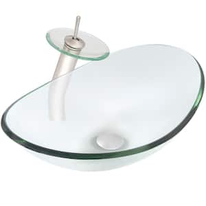 Vessel Sink in Clear Glass with Faucet in Brushed Nickel