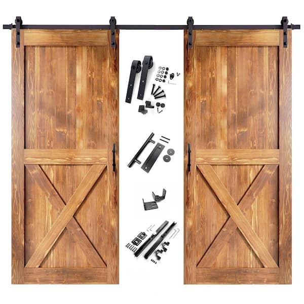 HOMACER 54 in. x 84 in. X-Frame Early American Double Pine Wood Interior Sliding Barn Door with Hardware Kit, Non-Bypass