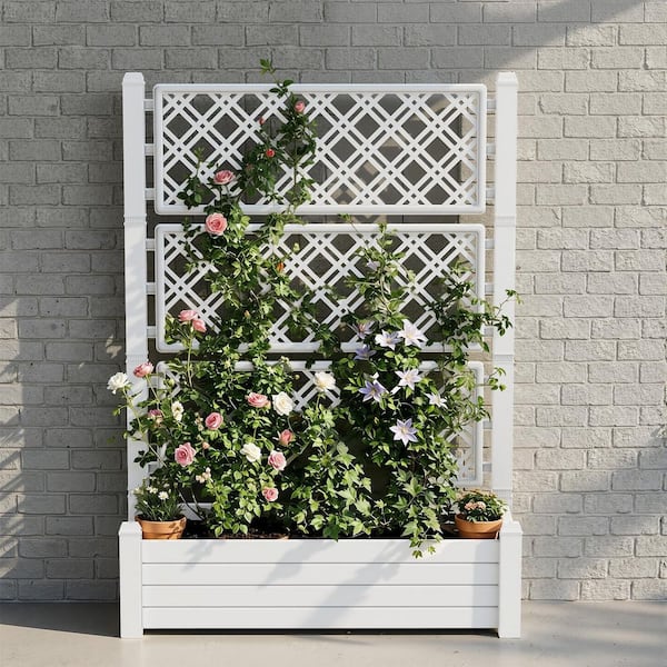 Unbranded Plant Outdoor Plastic Planter Box with Trellis and Drain Plug for  Climbing Plants (43.43 in. H x 18.27 in. x 59.29 in.) 508A-white