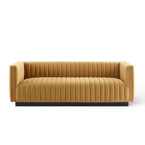 Conjure 84 in. Cognac Channel Tufted Velvet 3-Seater Tuxedo Sofa with Square Arms