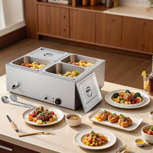 Commercial Food Warmer, 1500W Electric Stainless Steel Steam Heater with Lid, 4-Pan Countertop Buffet Bain Marie