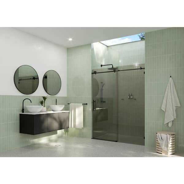 Equinox 56 in. - 60 in. W x 78 in. H Frameless Sliding Shower Door in Matte Black with Handle