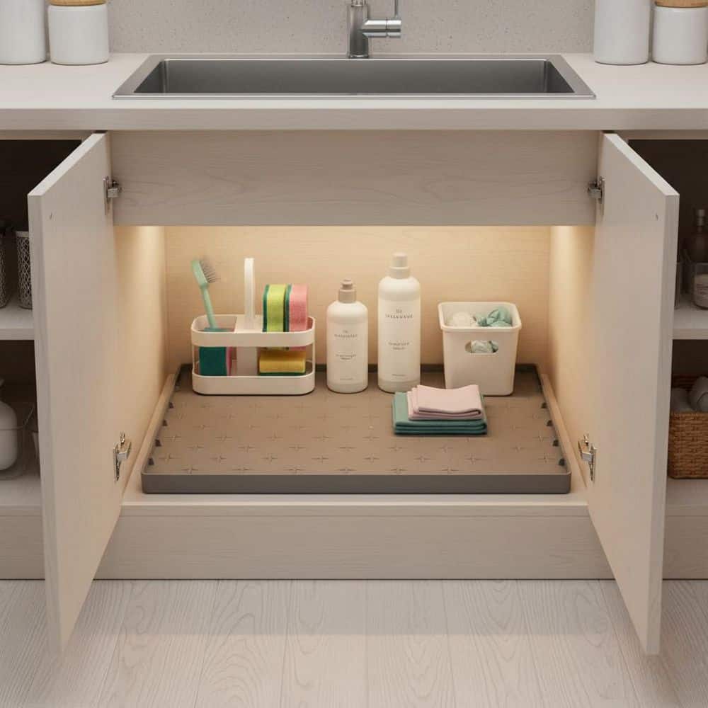 Anqtovp 34 in. Silicone Under Sink Mat and Cabinet Liner for Kitchen and Bathroom Cabinets in Gray