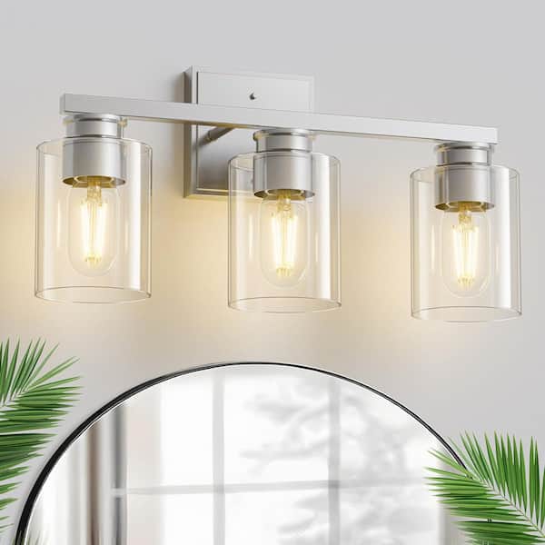 18 in. 3-Light Brushed Nickel Vanity Light with Cylinder Clear Glass Shades for Powder Room or Dressing Room