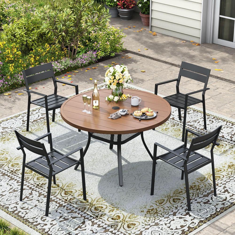 5-Piece Metal Outdoor Patio Dining Set with 40.6 in. Walnut Round Slat Table and 4 Stackable Chairs in Black