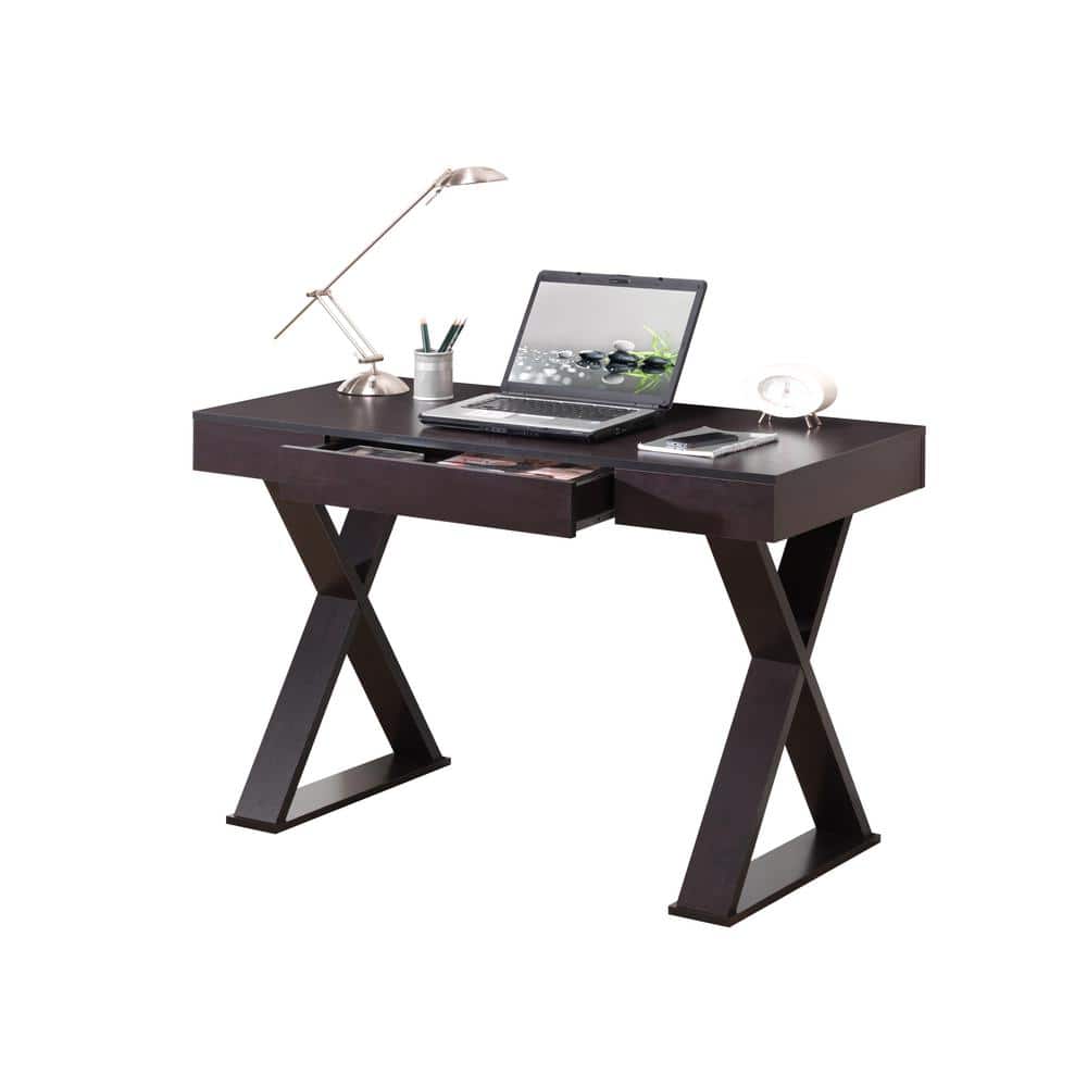 Espresso Wood Executive Writing Desk with Drawer and X-Base