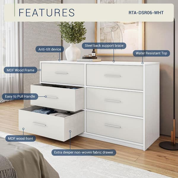 Techni Home White 6-Drawer 44.5 in. Wide Dresser RTA-DSR06-WHT
