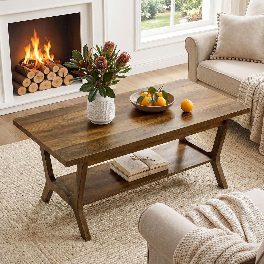 Rustic Brown Wood 47.24 in. Rectangle Coffee Table with Storage Shelf, 2-Tier Farmhouse Center Accent Table for Home price history on PriceWatchPro