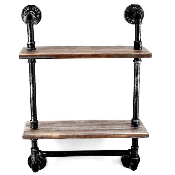 Industrial Pipe Shelf Retro Grey Wood Wall Mounted 2 Tier Farmhouse Bathroom Towel Rack Decorative Wall Shelf 19.6' W