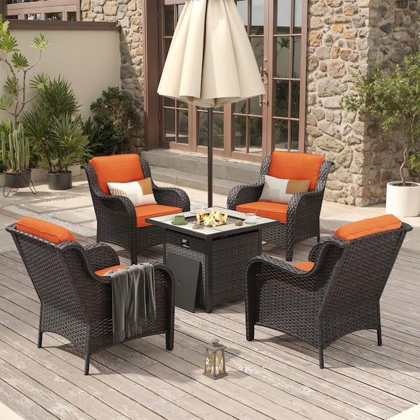 Erie Lake Brown 5-Piece Wicker Outdoor Patio Fire Pit Seating Sofa Set and with Orange Red Cushions