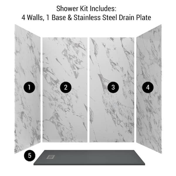Carrara 36 in. x 72 in. x 84 in. Solid Composite Stone Alcove Shower Kit with Walls and Graphite Pan Base L/R Drain