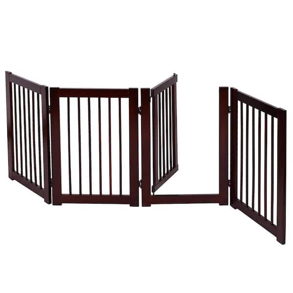 WELLFOR 30 in. H Wood Gate Configurable Folding Freestanding 4 Panel Wood Dog Fence Pet Gate with Walk Through Door