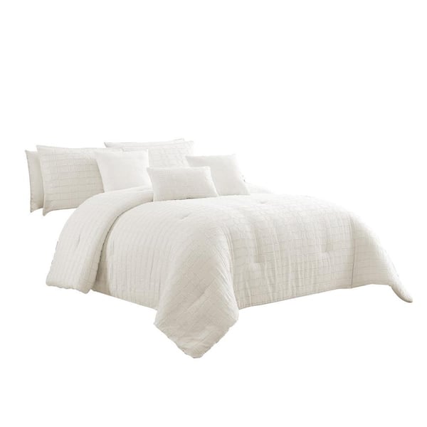 Benjara 7-Piece White Solid Print Cotton Queen Comforter Set