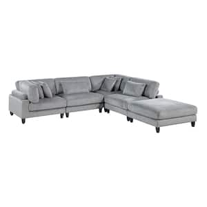 Laurelton 120 in. Pillow Top Arm 5-Piece Corduroy Fabric Modular Sectional Sofa with Ottoman in Gray