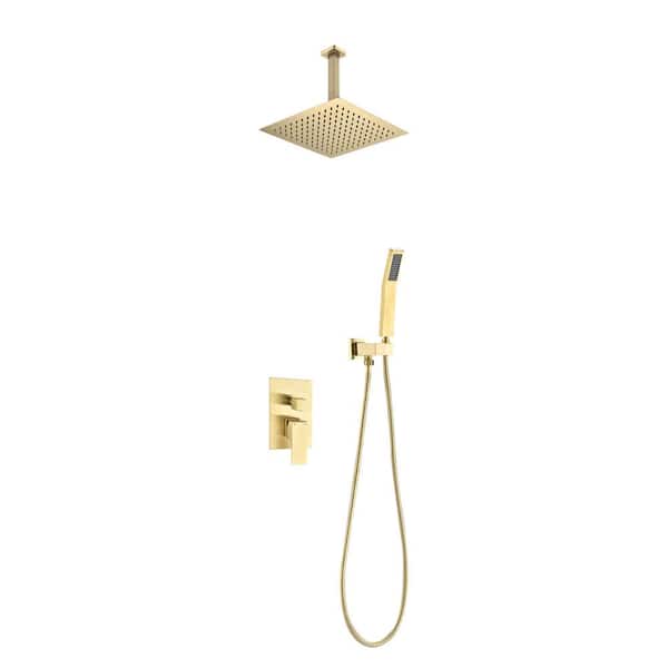 YONKI SUNSHIN INC 2-Spray 12 in. 2.5GPM Ceiling Mounted Dual Shower Head with Handheld Rainfall Shower System Combo Set in Brushed Gold