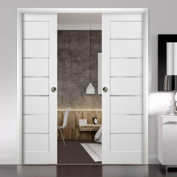Quadro 56 in. x 84 in. Single Panel White Finished Pine MDF Sliding Door with Double Pocket Kit