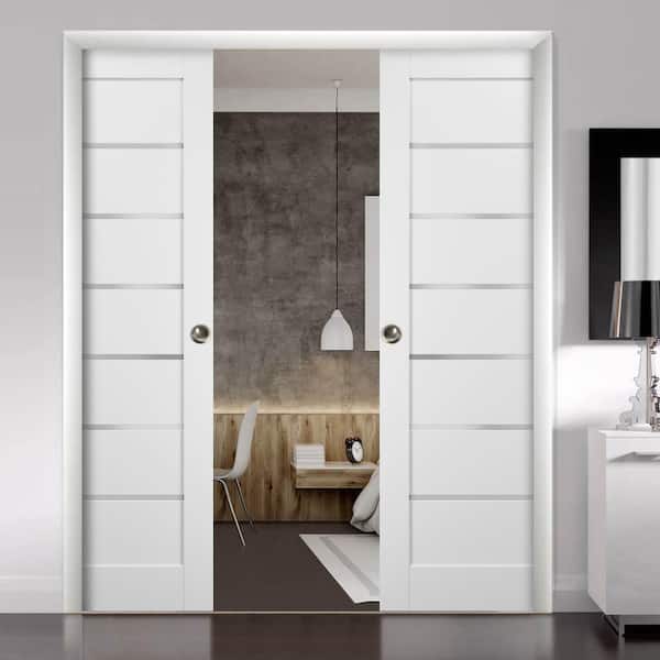 Quadro 4117 64 in. x 84 in. Panel White Finished Pine MDF Sliding Door with Double Pocket Kit
