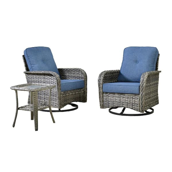 Galene Gray 3-Piece Wicker Outdoor Patio Conversation Swivel Rocking Chair Seating Set with Denim Blue Cushions