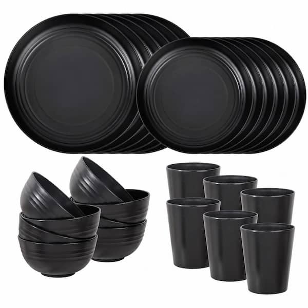 24-Piece Wheat Straw Dinnerware Set for 6, Dark Grey, Plastic Plates and Bowls Set Set for Home Kitchen