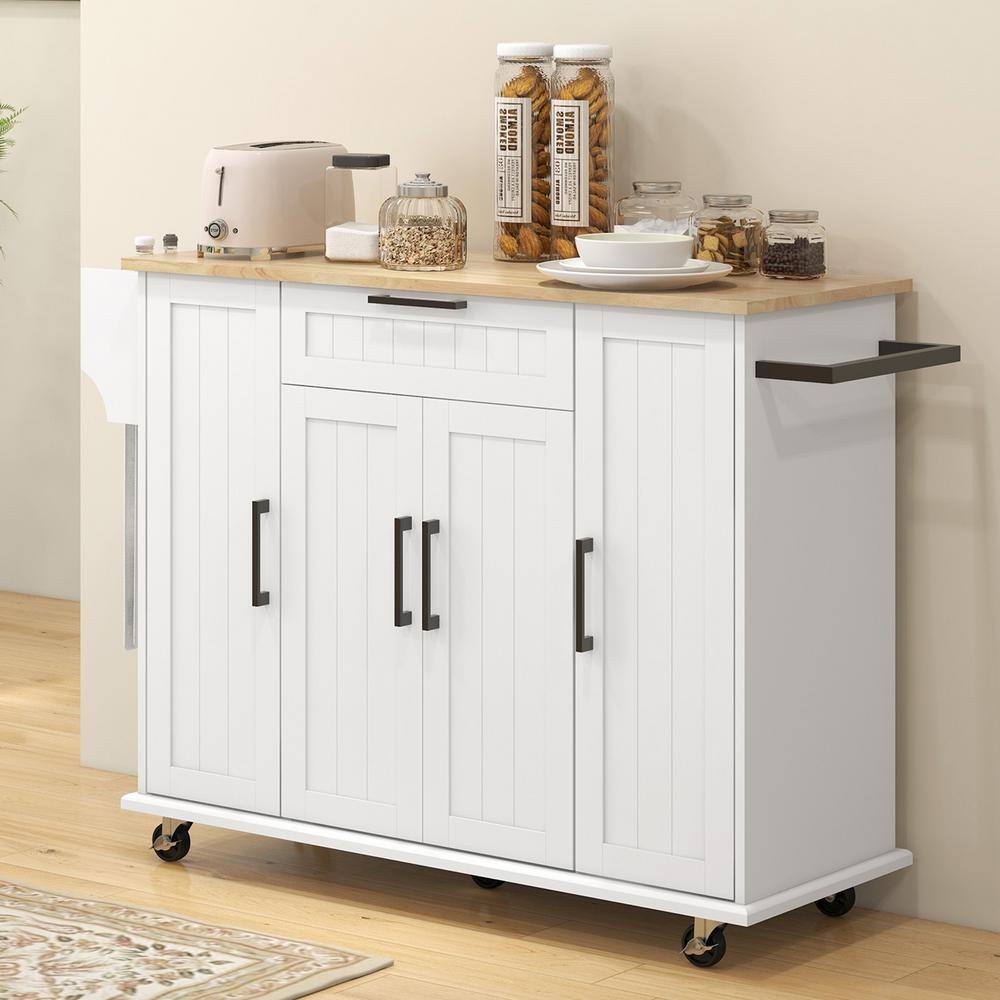 Rolling White Rubberwood Tabletop 49 in. Kitchen Island with Adjustable Shelves price history on PriceWatchPro