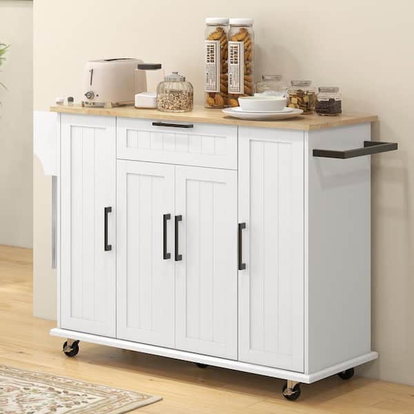 Rolling White Rubberwood Tabletop 49 in. Kitchen Island with Adjustable Shelves