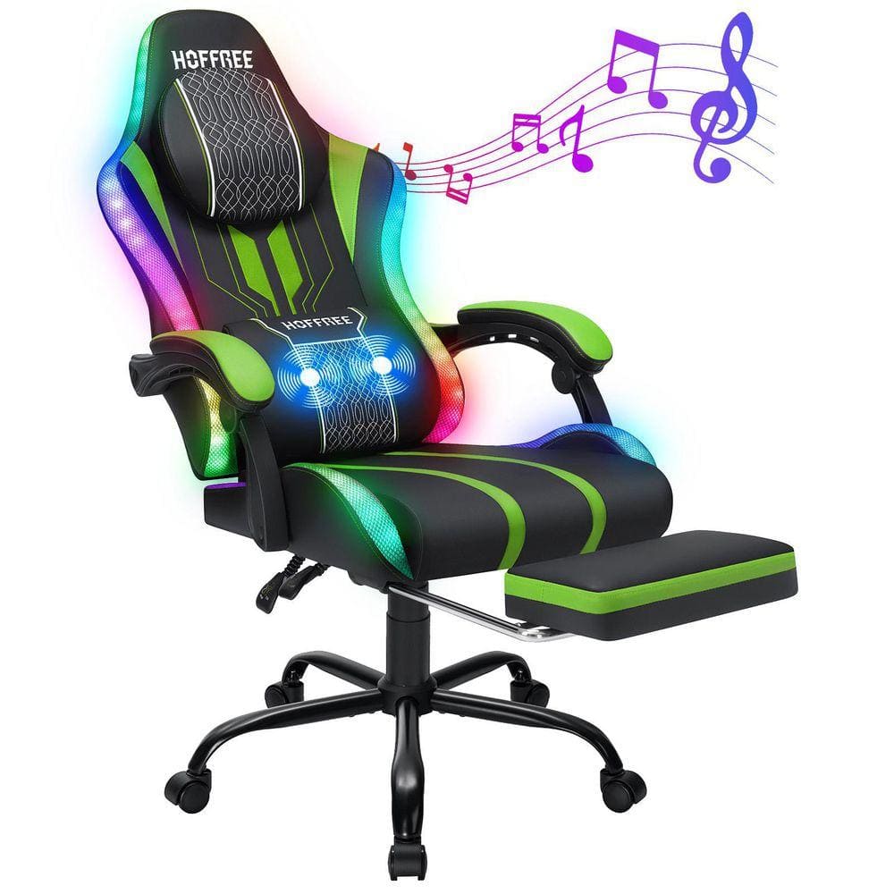 Big and Tall Faux Leather Led Gaming Chair with Speakers and Massage Ergonomic Game Chair in Black&Green with Footrest