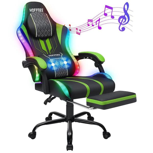Big and Tall Faux Leather Led Gaming Chair with Speakers and Massage Ergonomic Game Chair in Black&Green with Footrest