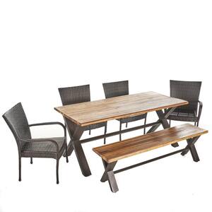Teak Brown 6-Piece Faux Rattan, Wood and Iron Rectangular Outdoor Dining Set