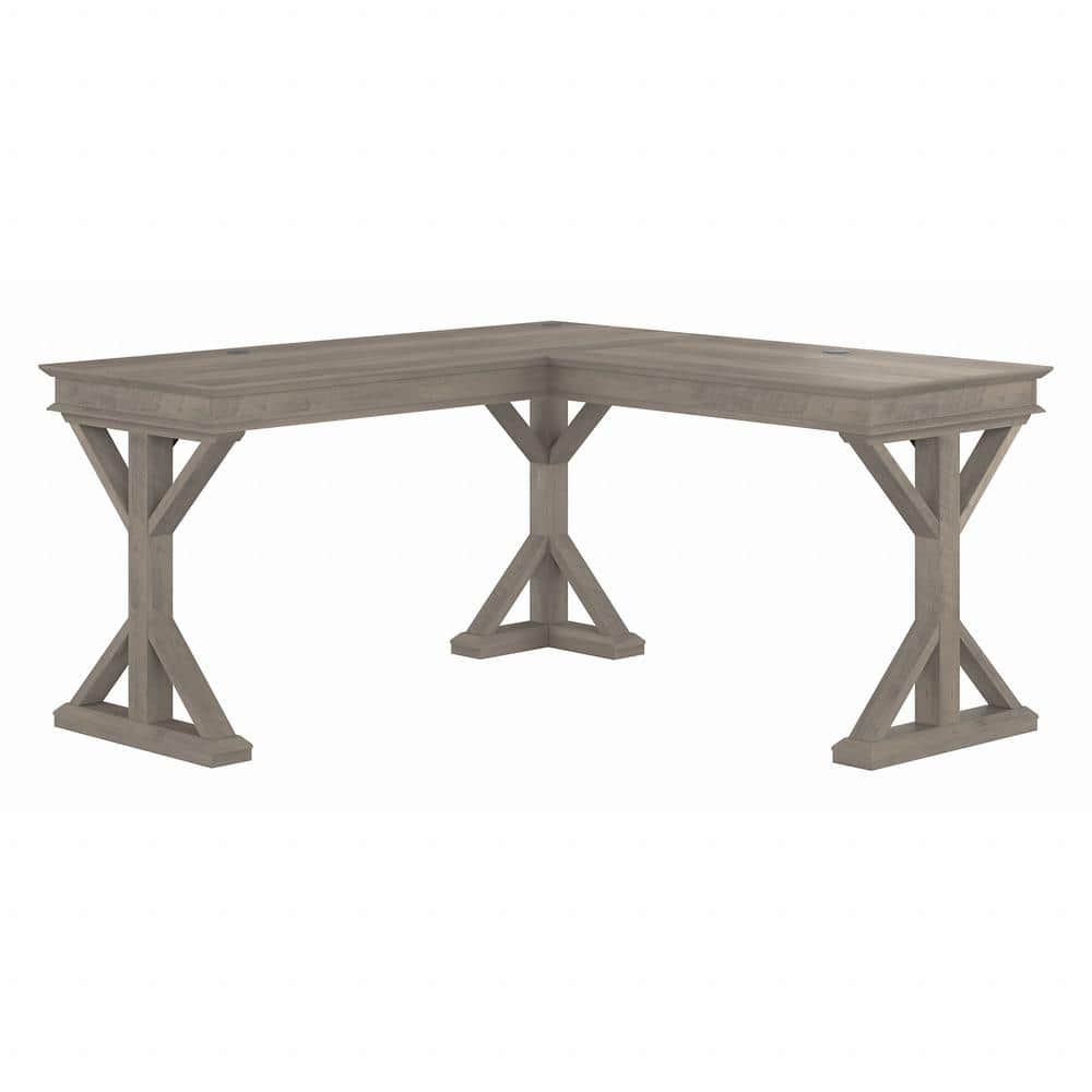 Driftwood Gray Farmhouse L-Shaped Home Office Desk with Filing Cabinet