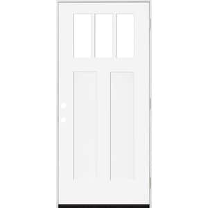 36 in. x 80 in. Legacy 3 Lite Toplite Clear Glass Left Hand Outswing White Primed Fiberglass Prehung Front Door