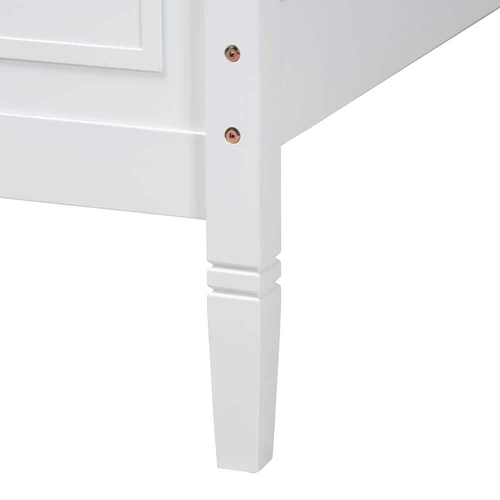 Elegant White Queen Platform Bed with Wood Frame and Upholstered Headboard