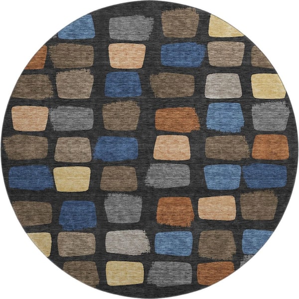 Mayfield Premium Machine Washable Abstract AMF2501 Black 8 ft. x 8 ft. Round Rug