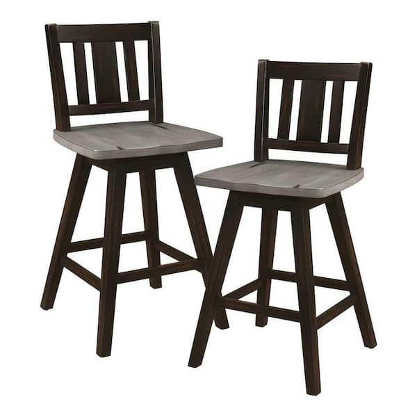 EVERGLADE HOME Fenton 37.5 in. Distressed Gray and Black Full Back Wood Frame Swivel Dining Bar Stool with Wooden Seat (Set of 2)