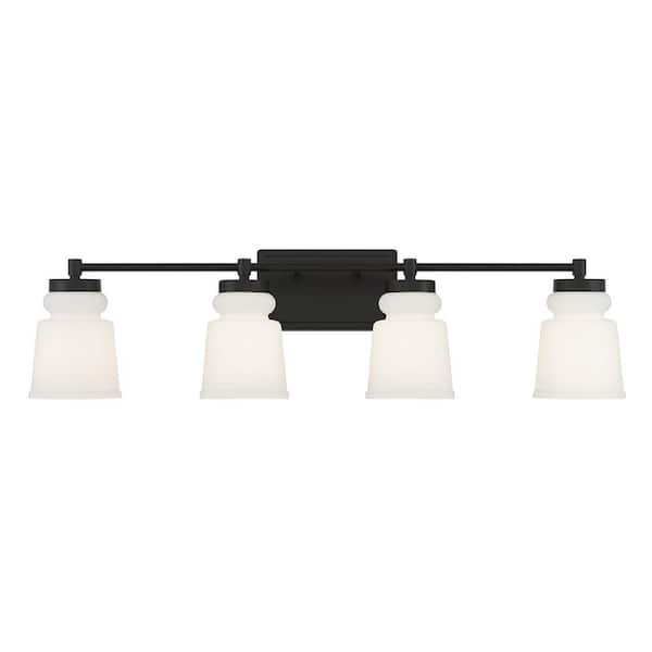 TUXEDO PARK LIGHTING 32 in. W x 8.5 in. H 4-Light Matte Black Bathroom Vanity Light with Frosted Glass Shades