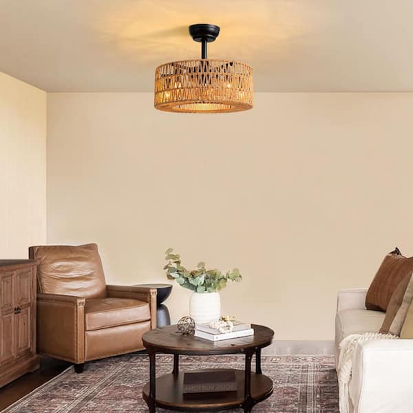 18 in. Boho/Farmhouse Indoor Downrod Mount Brown Rattan Caged Kraft Paper Rope Ceiling Fan with Remote No Bulb Included