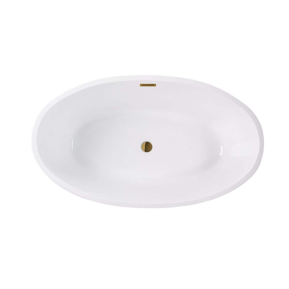 59" White Acrylic Freestanding Soaking Bathtub with Gold Accents
