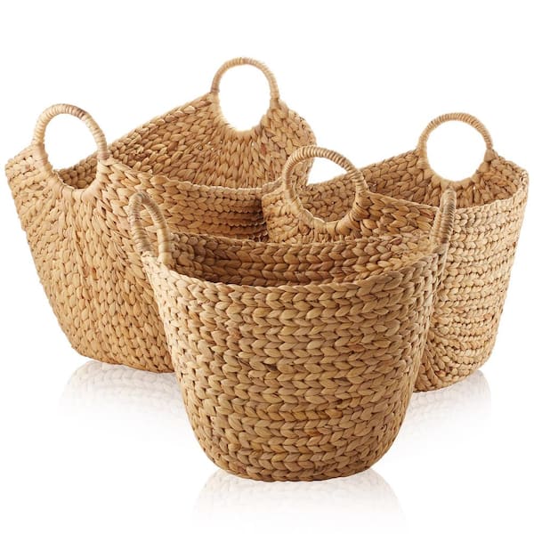 Casafield Brown Natural 20 in. x 18 in. Wicker Hyacinth Decorative Baskets Boat Shaped Woven Laundry Totes Sm, Med, Lg (Set of 3)