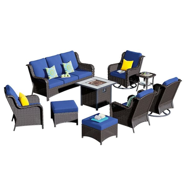 New Kenard Brown 9-Piece Wicker Patio Fire Pit Conversation Set with Navy Blue Cushions and Swivel Rocking Chairs