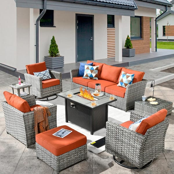 weaxty W Hanes Gray 10-Piece Wicker Patio Fire Pit Sectional Seating Set with Orange Red Cushions and Swivel Rocking Chairs