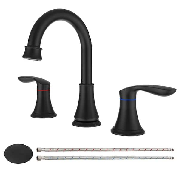 AIMADI 8 in. Widespread Double Handle Bathroom Faucet with Pop-Up Drain Brass 3-Hole Bathroom Vanity Mixer Taps in Matte Black