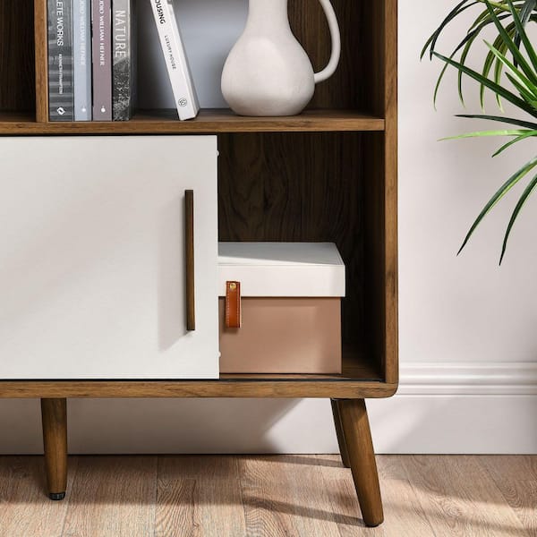 MODWAY Transmit 67 in. Tall Walnut Linen Wood 14-Shelf Bookcase