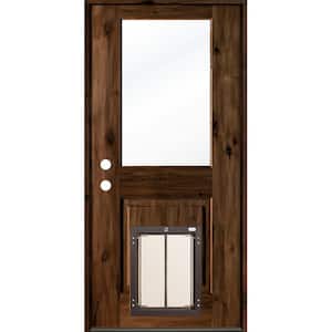 32 in. x 80 in. Knotty Alder Right-Hand/Inswing Clear Glass Provincial Stain Wood Prehung Front Door with Large Dog Door