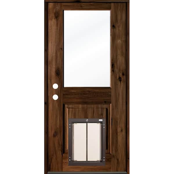 Krosswood Doors 32 in. x 80 in. Knotty Alder Right-Hand/Inswing Clear Glass Provincial Stain Wood Prehung Front Door with Large Dog Door