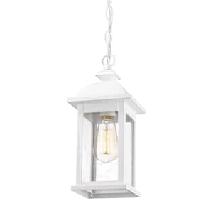 13.6 in. 1-Light White Finish Metal Outdoor Pendant Light with Seeded Glass and No Bulbs Included