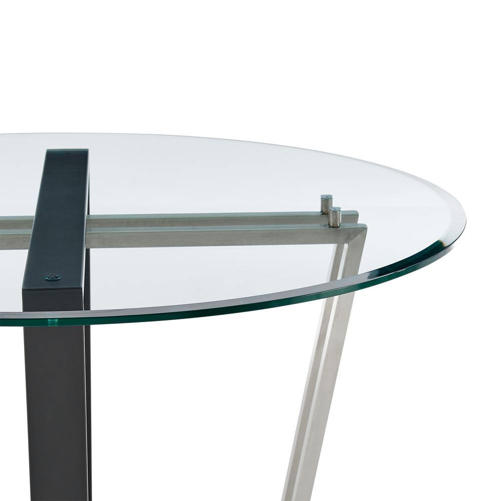 Devi 48" Round Glass Dining Table with Black Iron and Stainless Steel Base